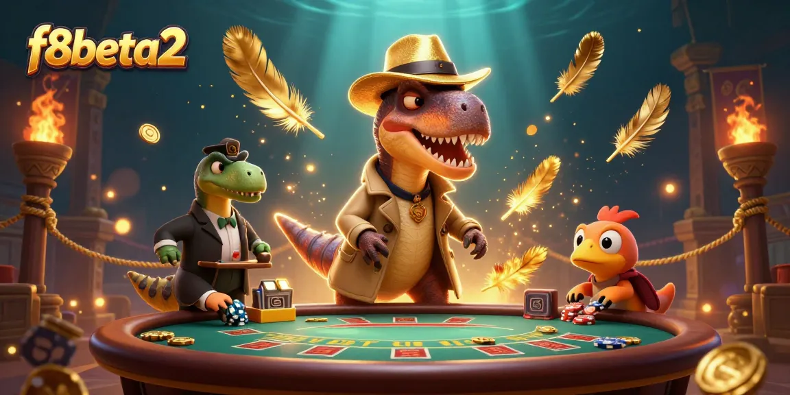 f8beta2 showcases a captivating cartoon velociraptor at a blackjack table under shimmering lights.