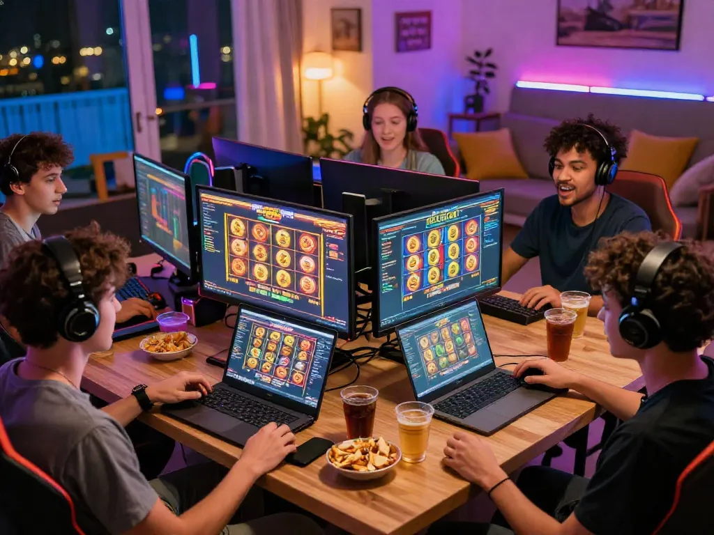 Players enjoying an exciting slot online gaming session with vibrant gaming setups.