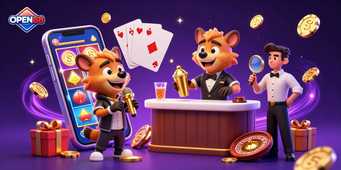 Experience the fun at OPEN88 with vibrant comedy casino scenes showcasing exciting gaming elements and hyena characters.