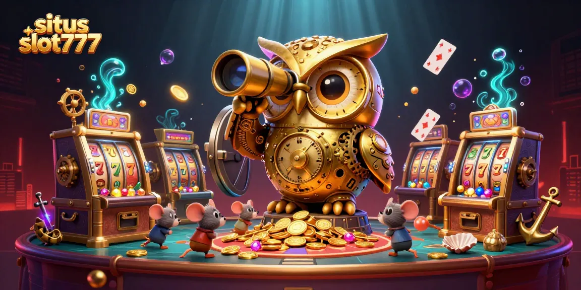 Situs slot777 showcases a vibrant illustration of a golden owl overseeing a lively casino scene filled with slots, gems, and action.