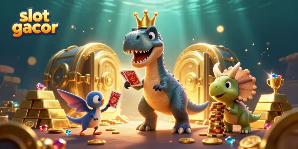 Bermain slot gacor dengan karakter lucu dalam ilustrasi 3D yang menampilkan T-Rex dan teman-teman di lingkungan yang kaya harta.