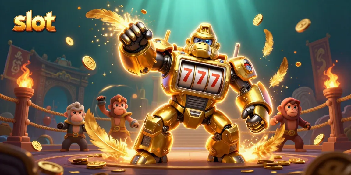 Spin for wins at slot machines with a golden gorilla mech amidst coins and exciting elements.
