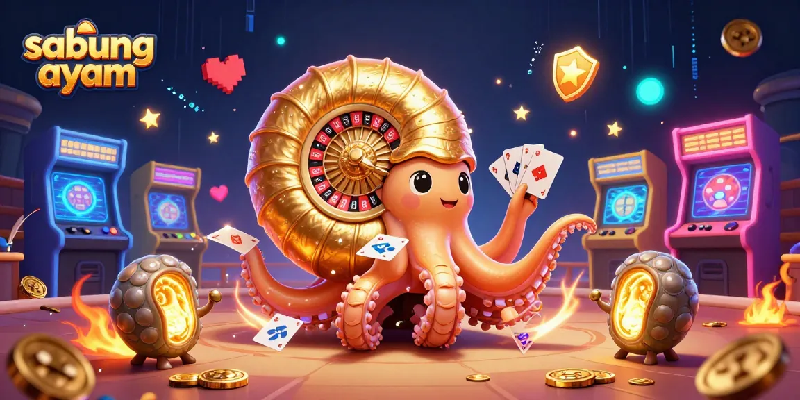 Cockfight-inspired sabung ayam illustration featuring a giant nautilus roulette wheel amidst vibrant arcade game elements.