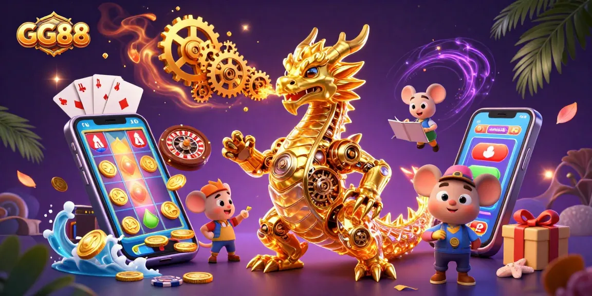 Win big with GG88's thrilling 3D casino scene featuring exciting games and elements.