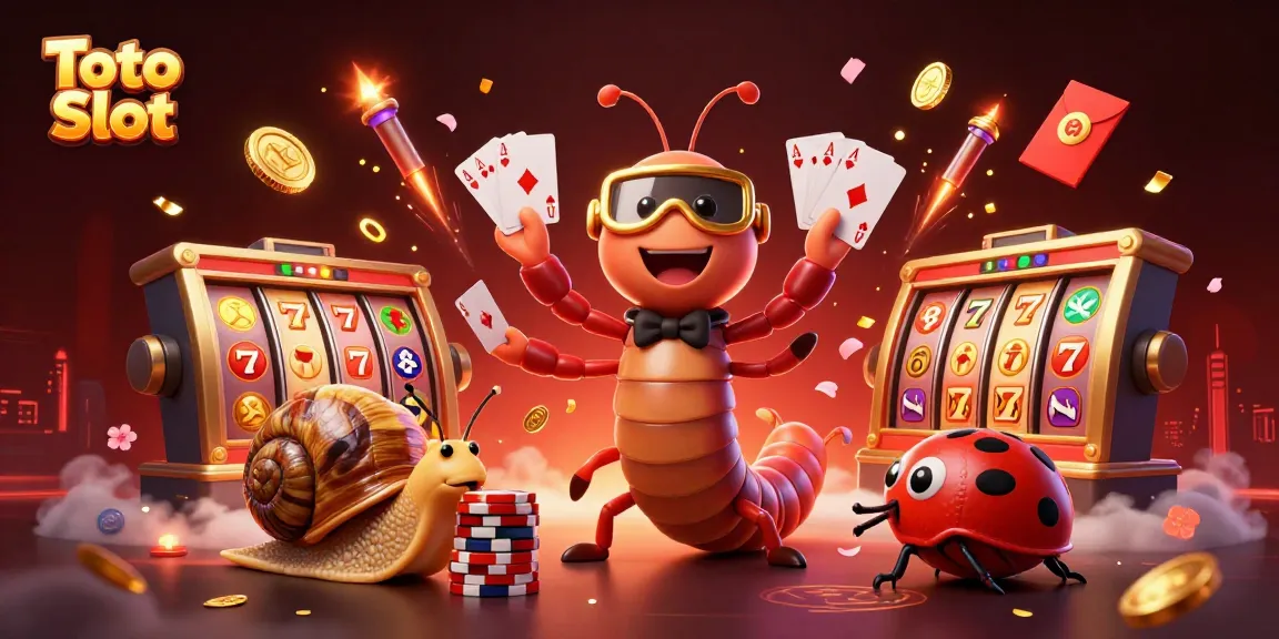 Toto Slot scene featuring a cartoon millipede dealer and high-roller snail amidst spinning reels and jackpots.