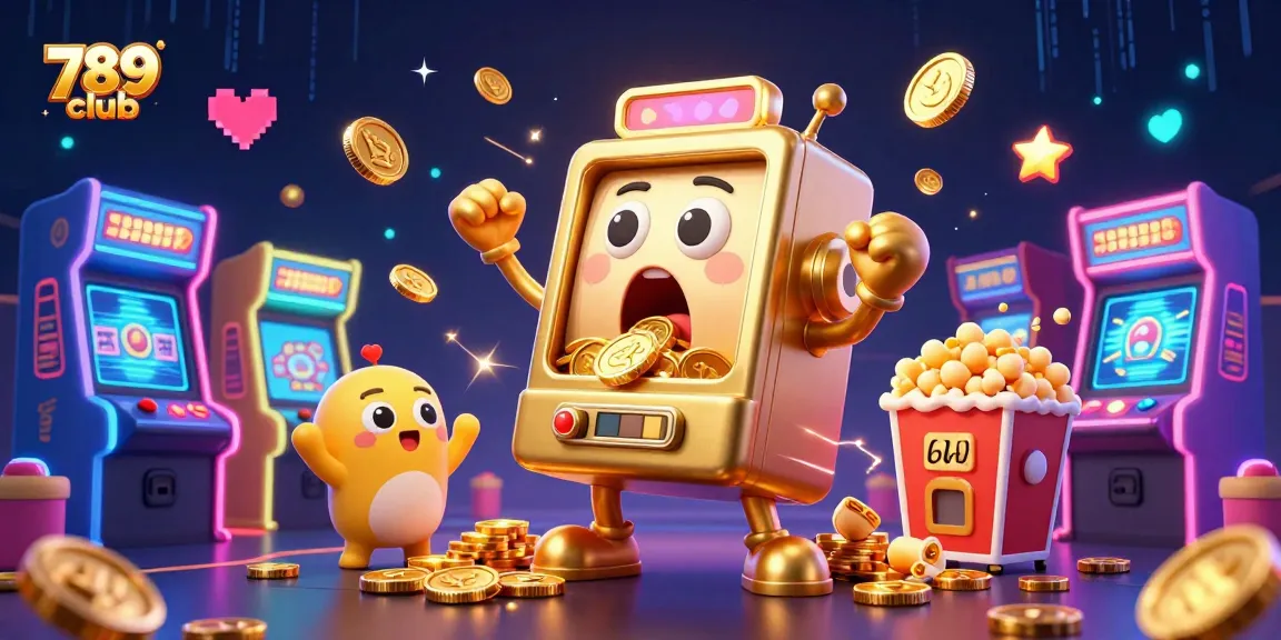 789club jackpot celebration featuring a golden slot machine surrounded by cheering smaller machines.