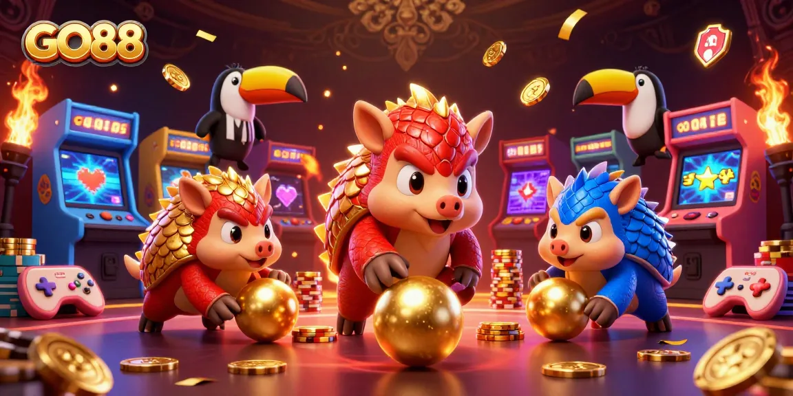 GO88 gaming pangolins celebrate victories amidst a vibrant casino backdrop of slots and chips.