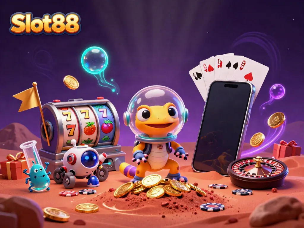 Spin to win on Slot88! A playful Martian gecko discovers a golden casino with exciting slot elements.