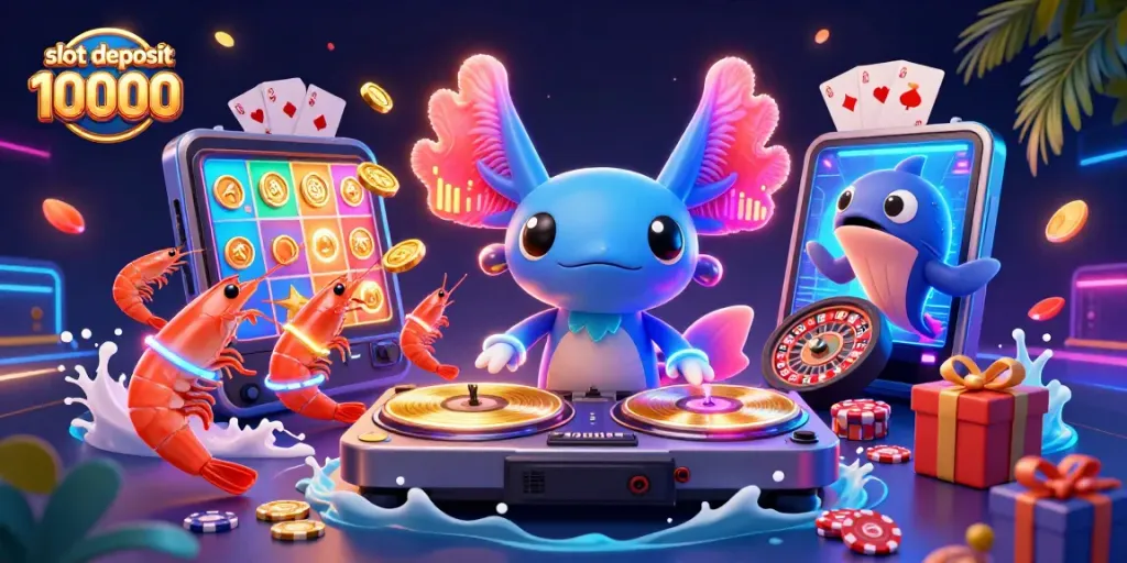 Engage with the vibrant scene of "slot deposit 10000" featuring a neon axolotl DJ and underwater casino elements.