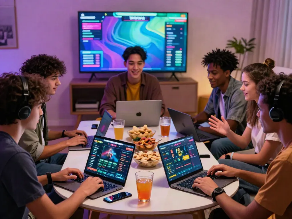 Friends enjoying an engaging online betting game with unsurtoto platform on laptops and mobile devices.