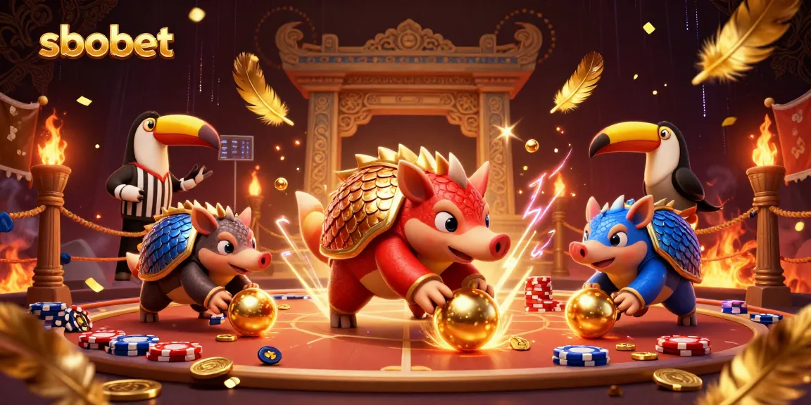 Sbobet pangolins compete in a vibrant gambling scene stacked with poker chips and golden balls.