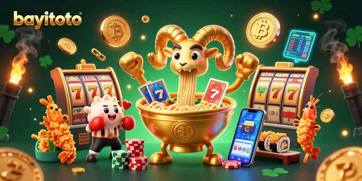 BAYITOTO showcases vibrant slot games and jackpots in an engaging 3D scene with colorful elements.