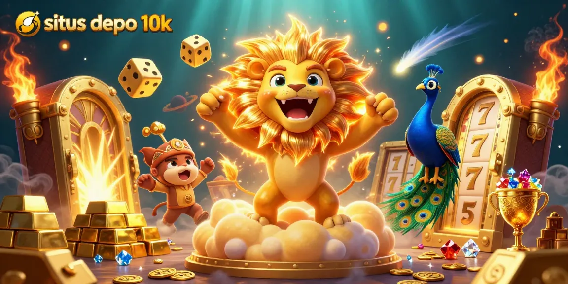 Engage in situs depo 10k slot gameplay with vibrant golden visuals and dynamic characters.