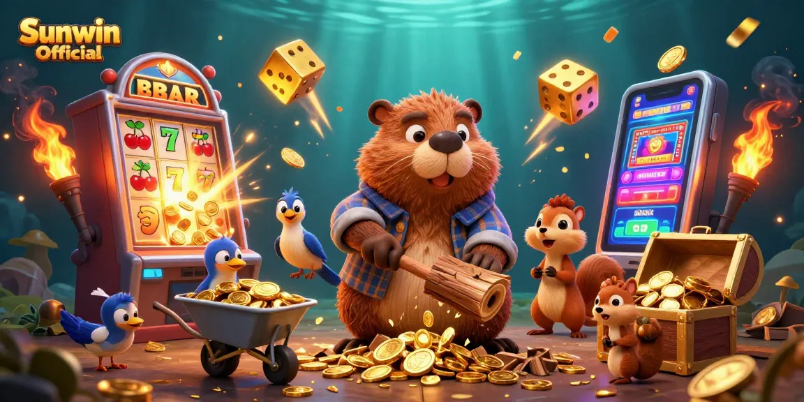 Experience the thrill of casino gaming with Sunwin Official featuring a dynamic 3D scene of charming characters amidst golden rewards.