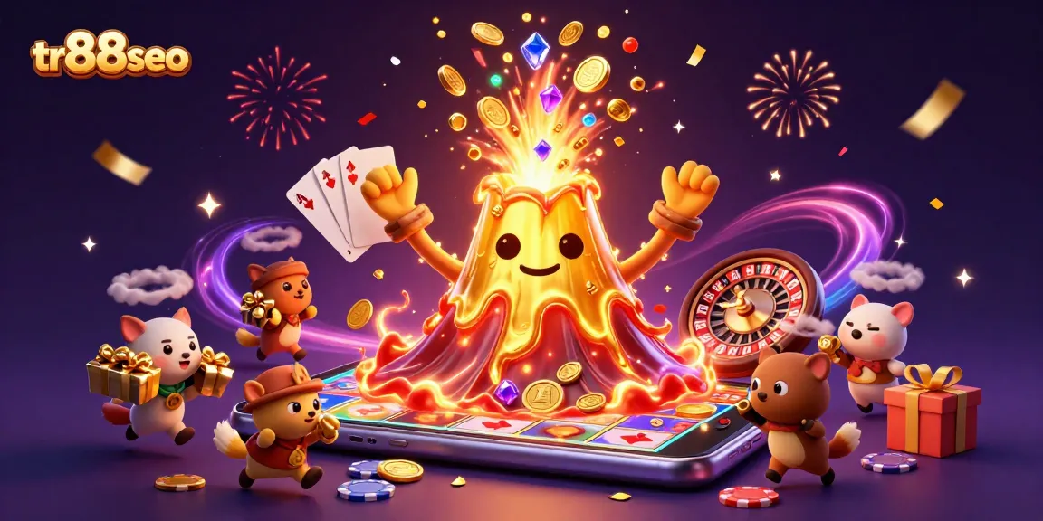Experience thrilling gameplay at tr88seo, where the golden volcano erupts coins and treasure amidst a vibrant casino atmosphere.
