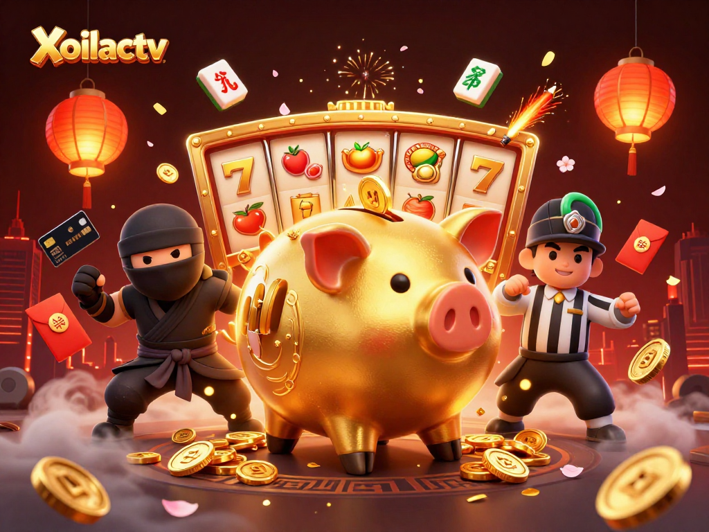 Xoilactv features a dynamic casino scene with a golden piggy bank sumo wrestler and vibrant slot symbols.