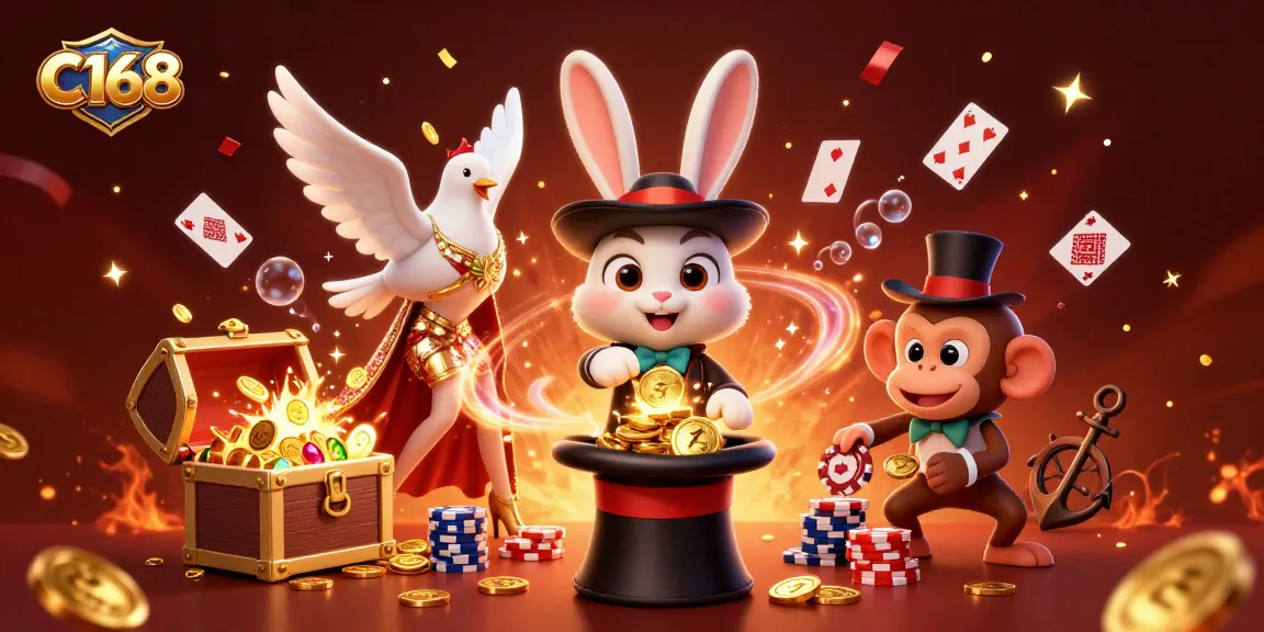 C168 engages players with a vibrant 3D casino scene featuring a magician rabbit, glamorous dove, and a monkey surrounded by floating playing cards and gold coins.