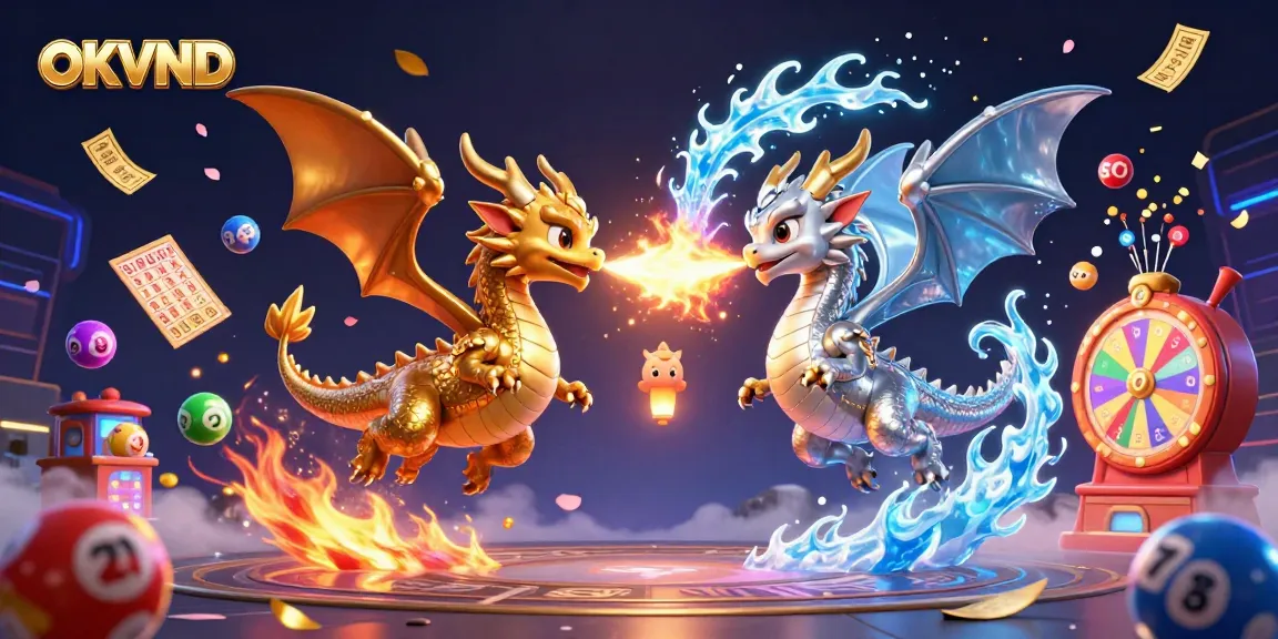 Experience the thrilling atmosphere of OKVND online gambling with vibrant dragons and lottery elements.