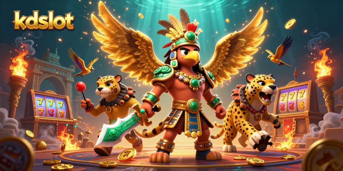 Engage with kdslot's thrilling action in a vibrant 3D casino scene featuring slot games and ancient warriors.