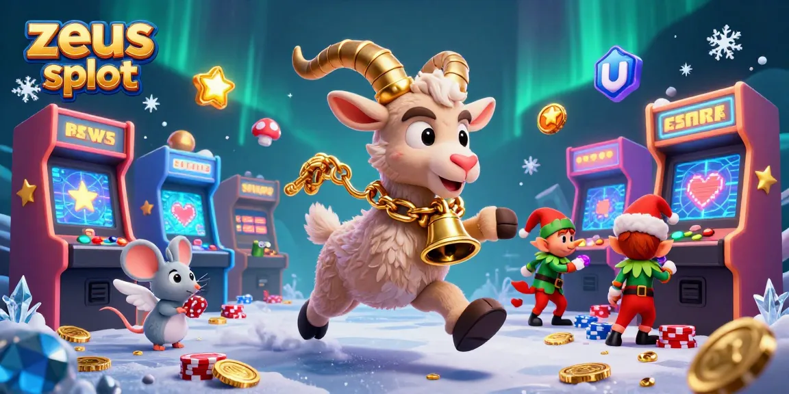Play the thrilling zeus slot game amidst festive chaos with cartoon Krampus and angel mouse.