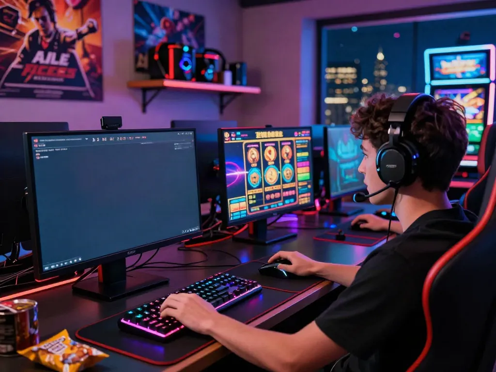 Intense gaming scene highlighting akunjp online slots with vibrant visuals and gaming gear.