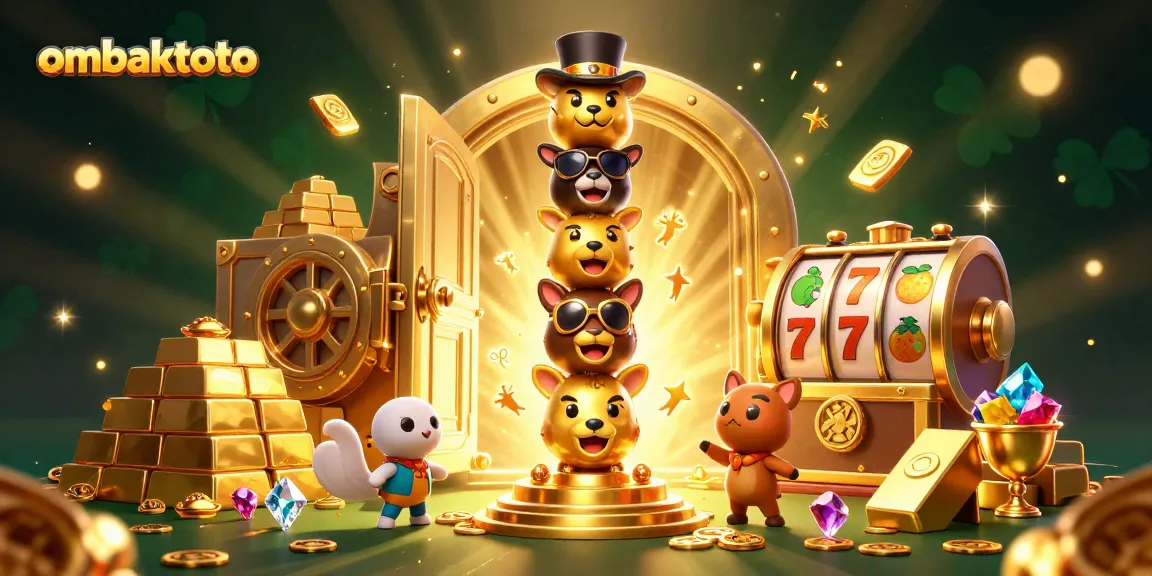 Play with ombaktoto's vibrant casino scene featuring dynamic slot elements and golden treasures!