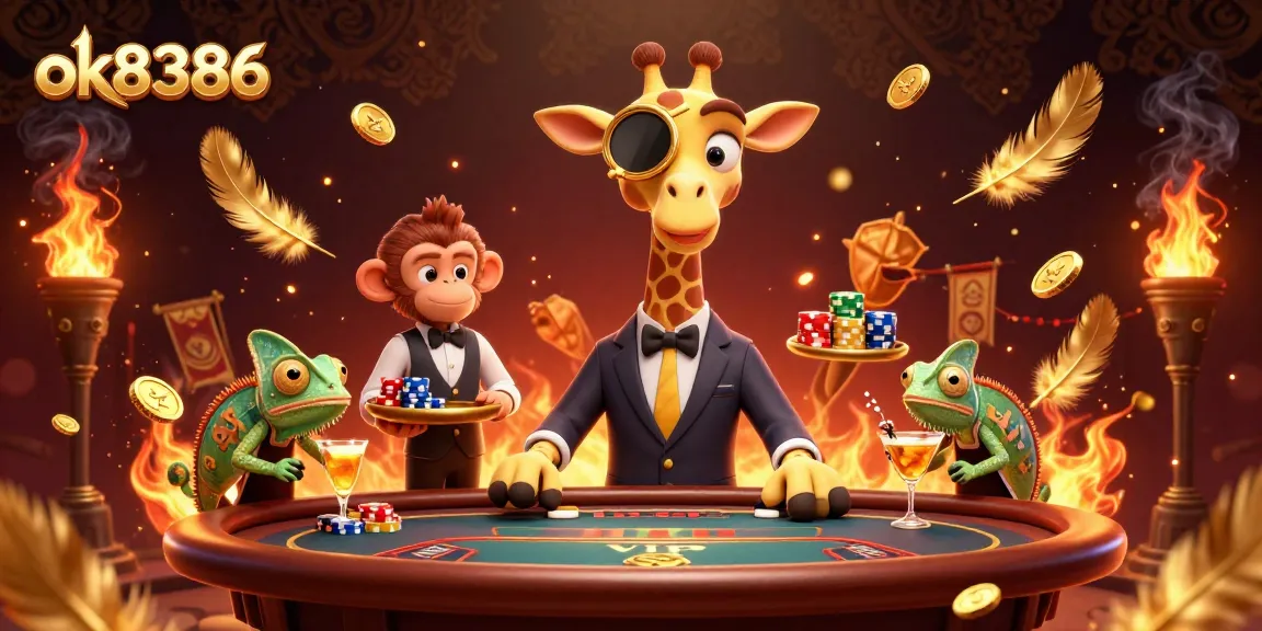 Engage with ok8386 as the upscale giraffe plays poker amid golden coins and lively casino elements.
