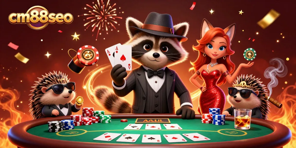 Experience thrilling poker action with cm88seo featuring a raccoon holding a royal flush.
