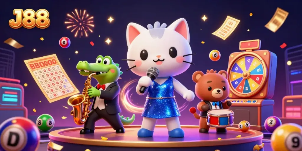 J88 illustration featuring a lively casino stage with a singing cat, saxophone crocodile, and drumming bear, surrounded by dynamic lottery scenes.