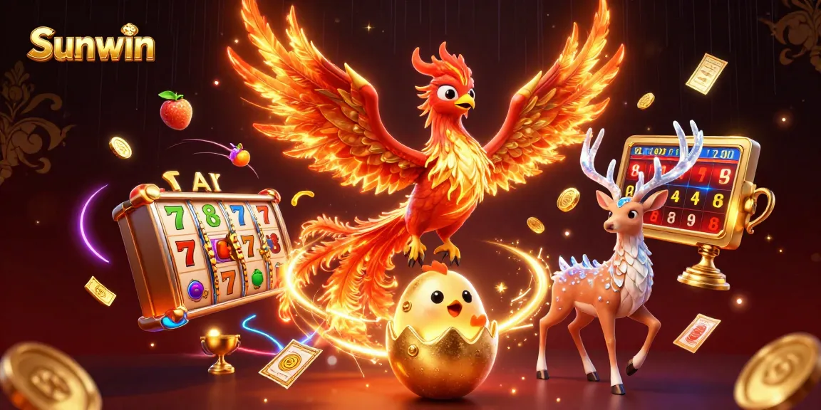 Sunwin offers dynamic casino gameplay with slot reels, jackpots, and vibrant characters in a 3D illustration.