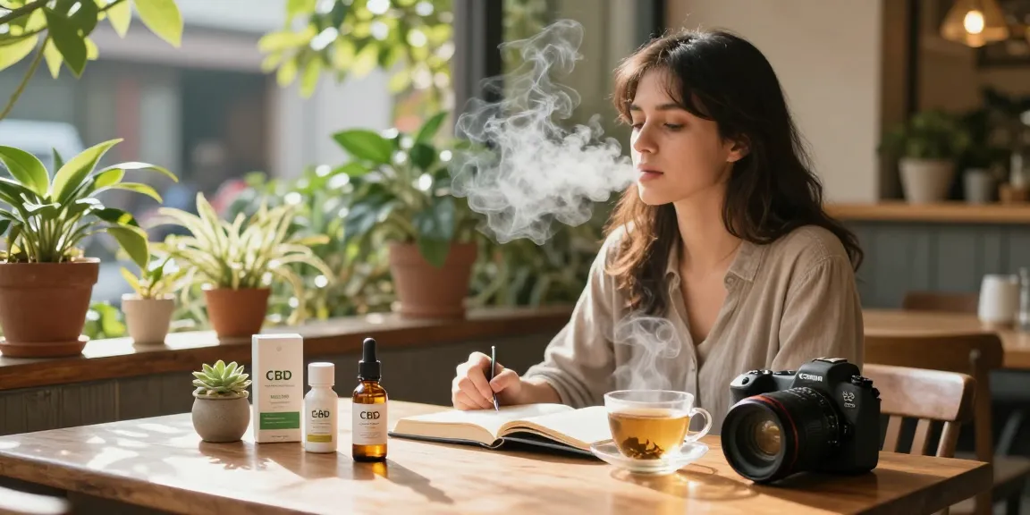 Is vaping legal in Cyprus? A woman enjoying CBD products at a café, surrounded by greenery and a natural wellness atmosphere.