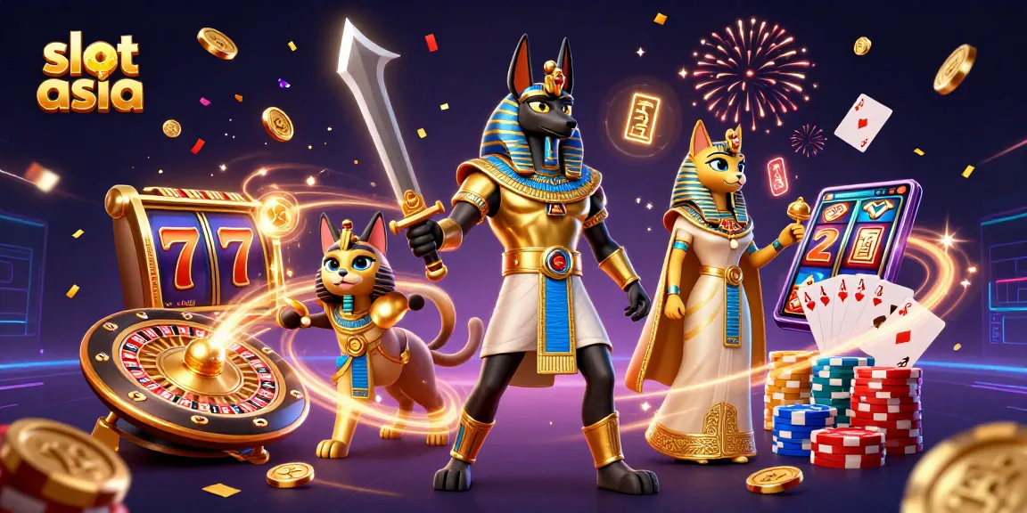 Slot Asia menampilkan Anubis dan Bastet dalam kasino, dikelilingi koin emas dan mesin slot.