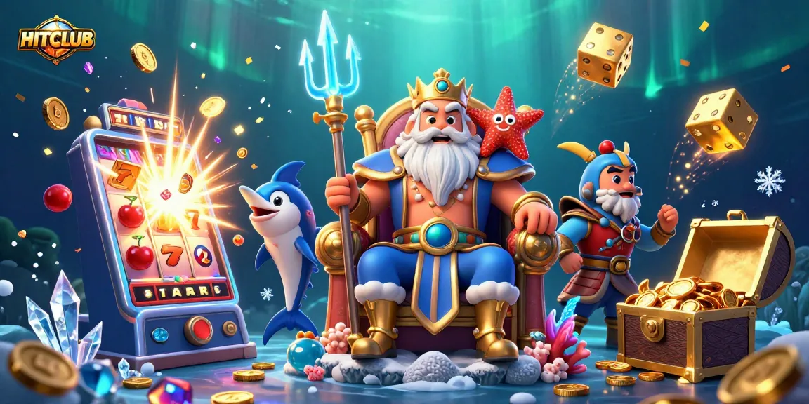 HITCLUB showcases an exciting underwater casino scene with Neptune and vibrant gaming elements.
