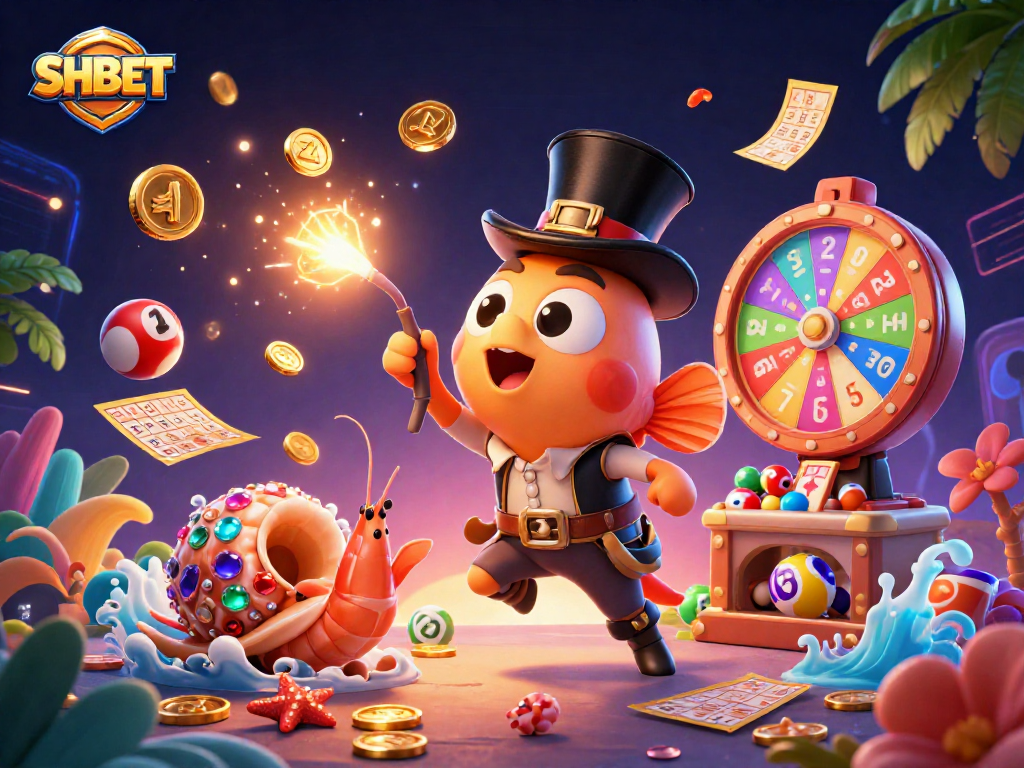 Engage with SHBET in an immersive lottery adventure showcasing vibrant elements and energetic characters.