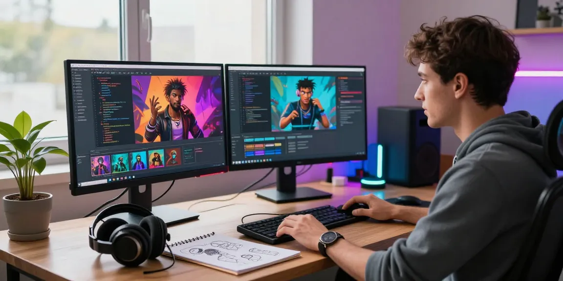 Dynamic NSFW AI content creation workspace with character models and vibrant lights.