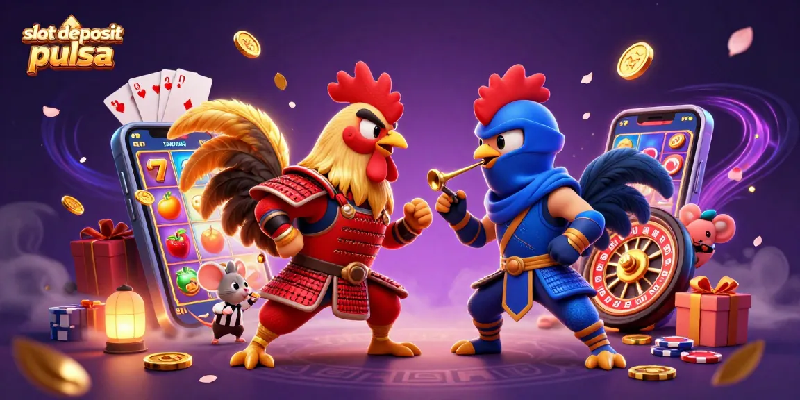 Permainan slot deposit pulsa yang mengasyikkan dengan ayam laga dan elemen kasino.