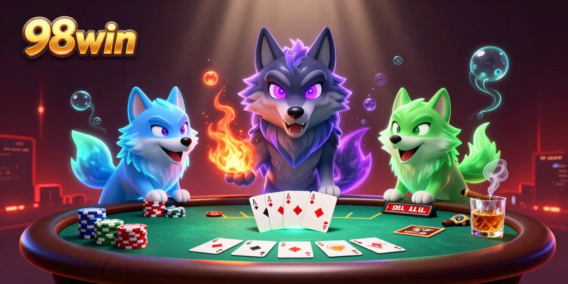 Experience thrilling gameplay at 98win with a dynamic poker scene featuring spectral wolves and vibrant game elements.