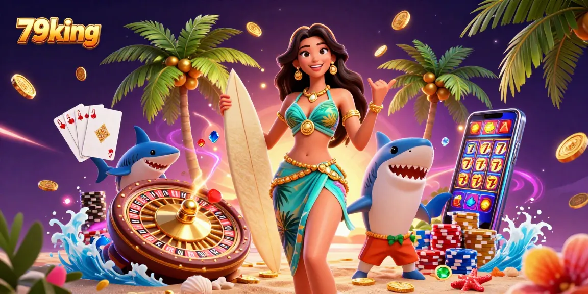 Experience the excitement of 79king with a vibrant 3D scene filled with casino action and tropical vibes.