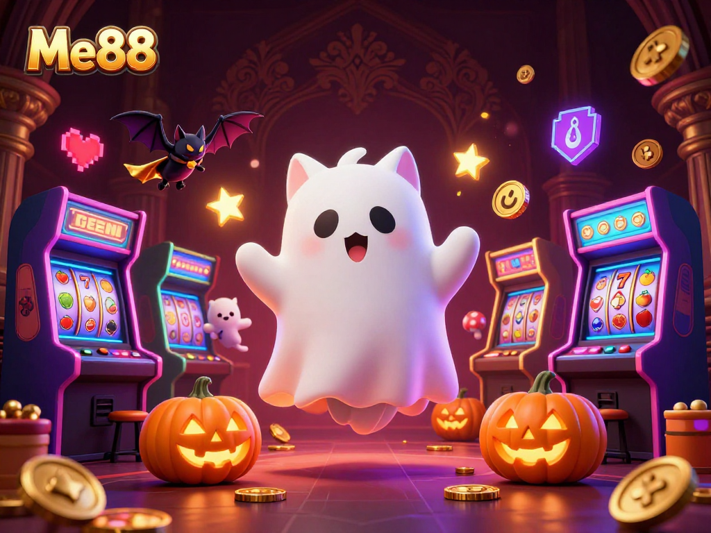 Engage with Me88's thrilling atmosphere featuring a ghost cat and arcade elements.