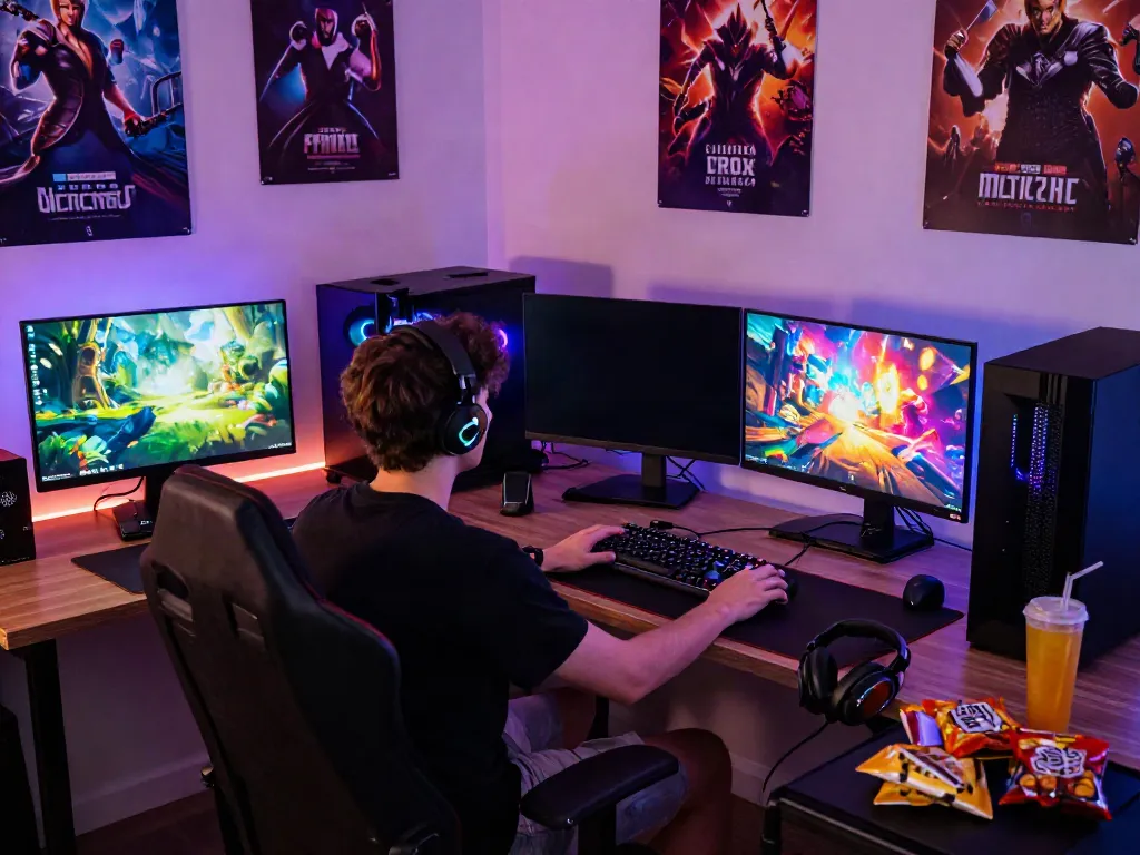Pengalaman bermain Toto yang menyenangkan di ruang gaming modern, dengan setup PC canggih dan pencahayaan RGB.
