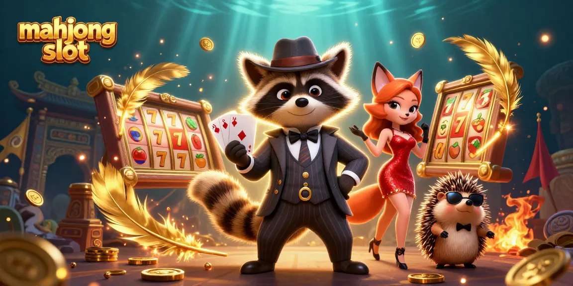 Engage with mahjong slot excitement featuring a raccoon, fox lady, and hedgehog bouncer amidst vibrant casino elements.