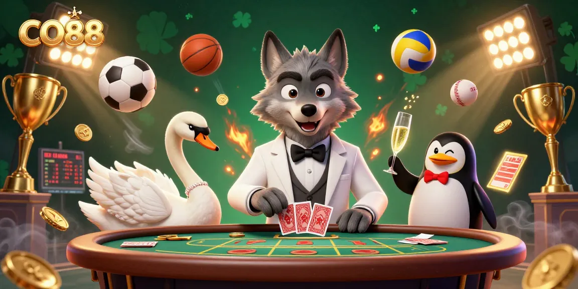 Engage with CO88 as the debonair wolf, elegant swan, and sophisticated penguin showcase a vibrant casino scene.