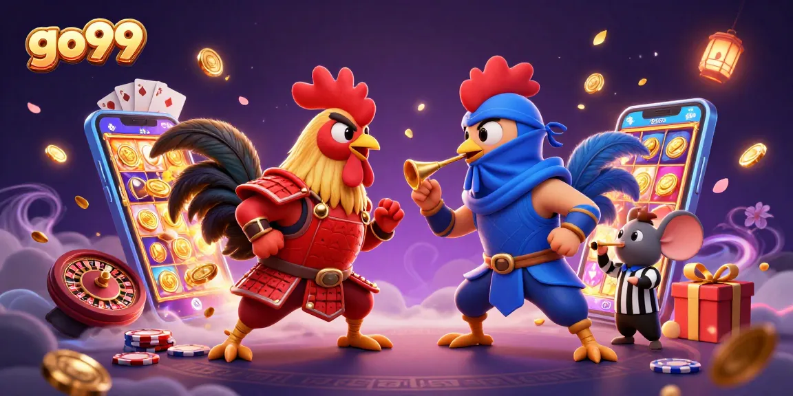 Engage with go99 as roosters face off amidst flying slot game elements in an energetic casino scene.