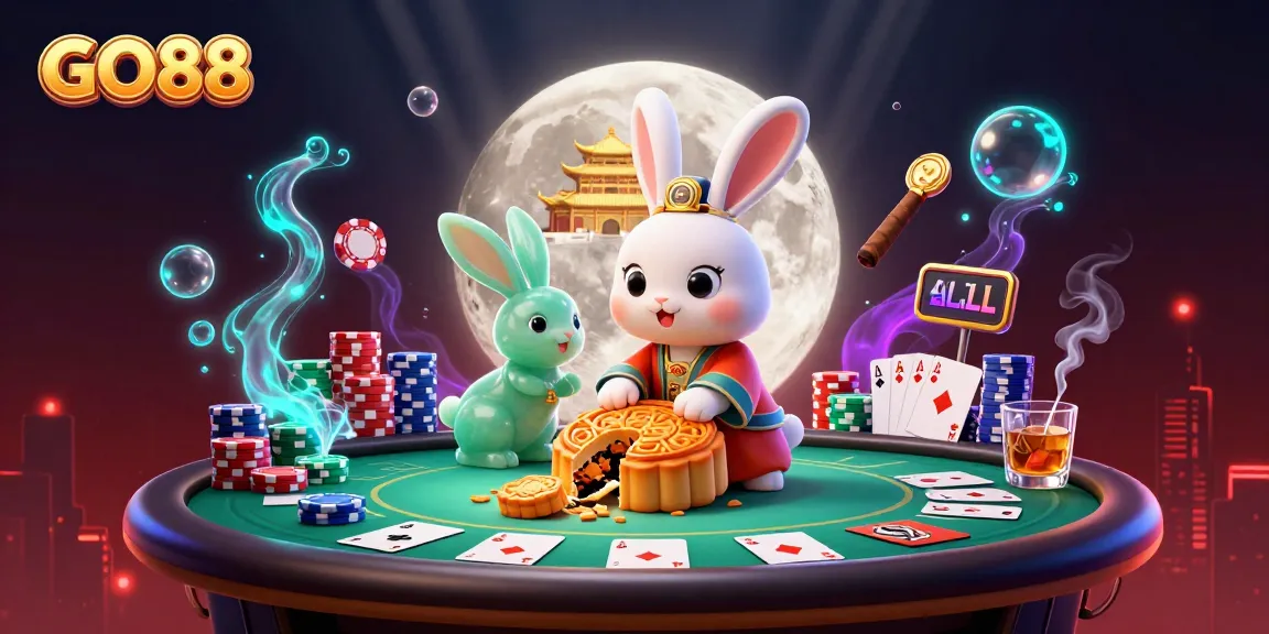 Experience GO88's vibrant scene as the moon rabbit showcases poker winnings and treasure.