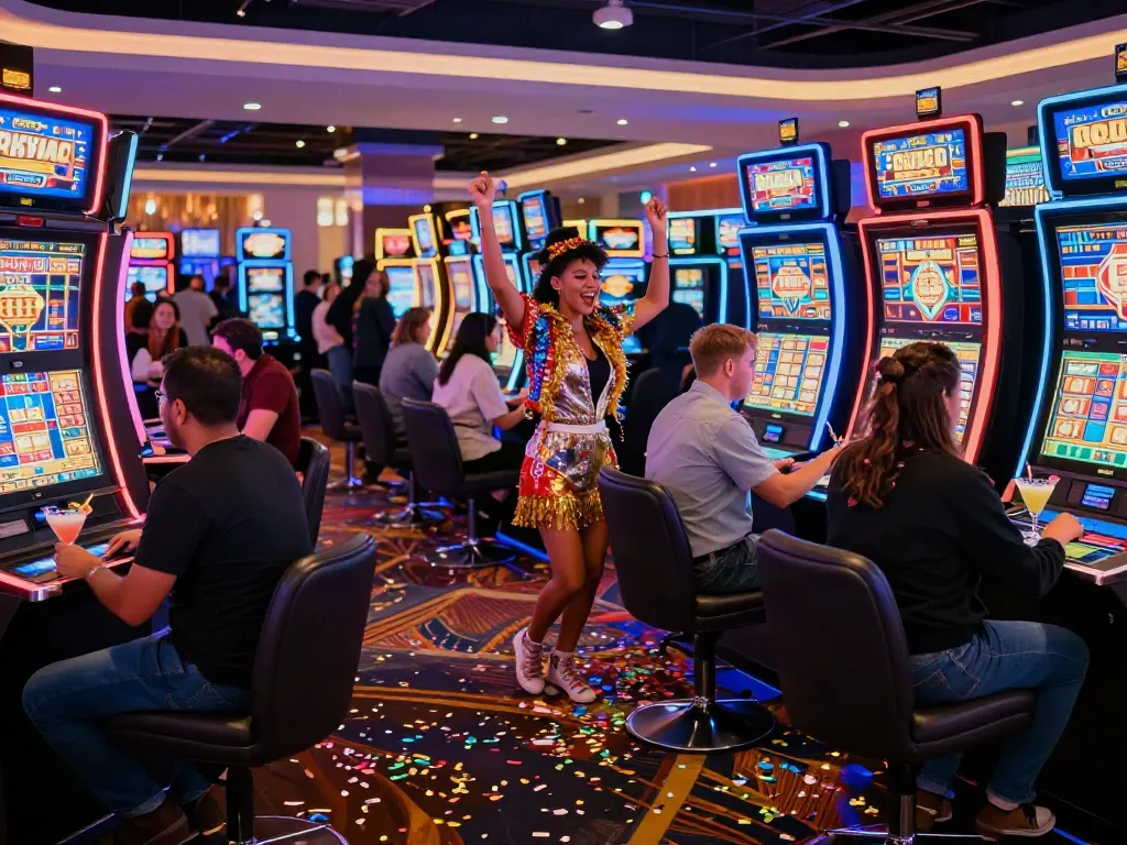 Lucky777 celebration at a bustling casino with diverse players enjoying slot machines and vibrant atmosphere.