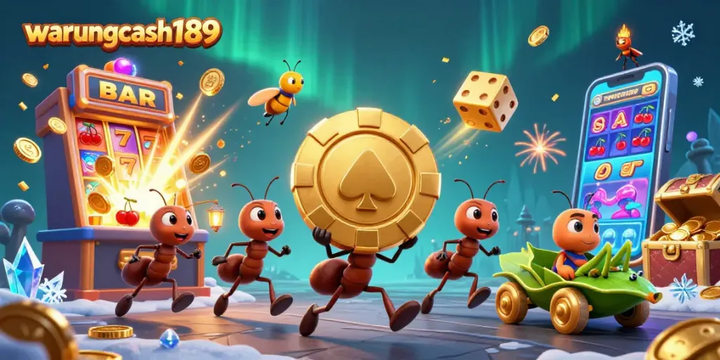 Experience the thrill of warungcash189 with playful ants embarking on a heist amidst vibrant casino elements.