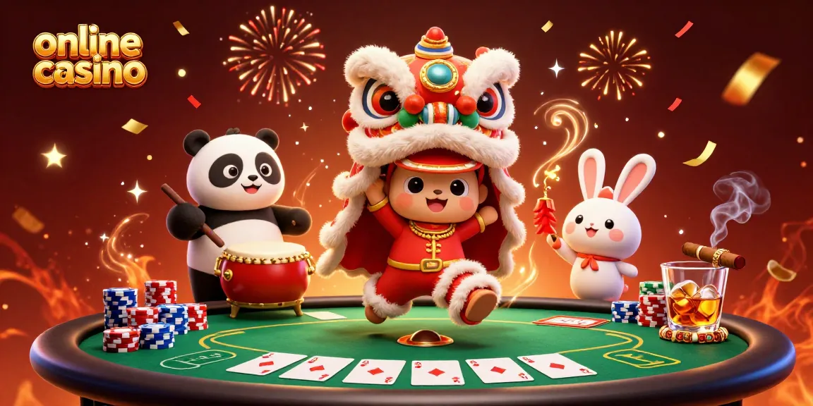 Engage with the vibrant scene of a lively online casino featuring a lion dance, poker elements, and festive decor.