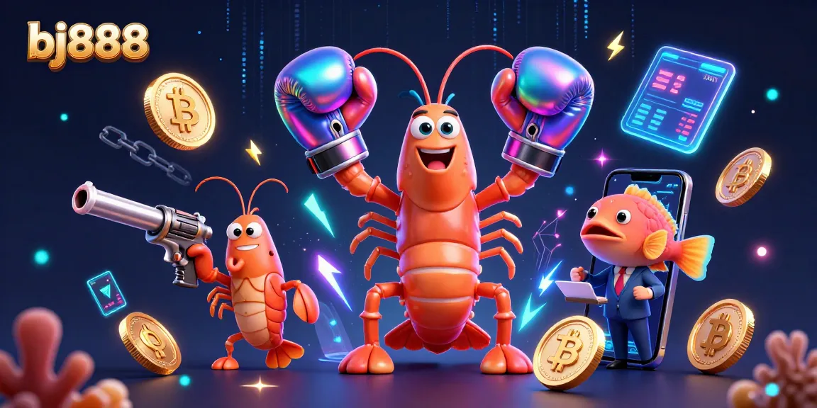 Engage in thrilling casino play with bj888 through vibrant animations of shrimp characters in a colorful backdrop.