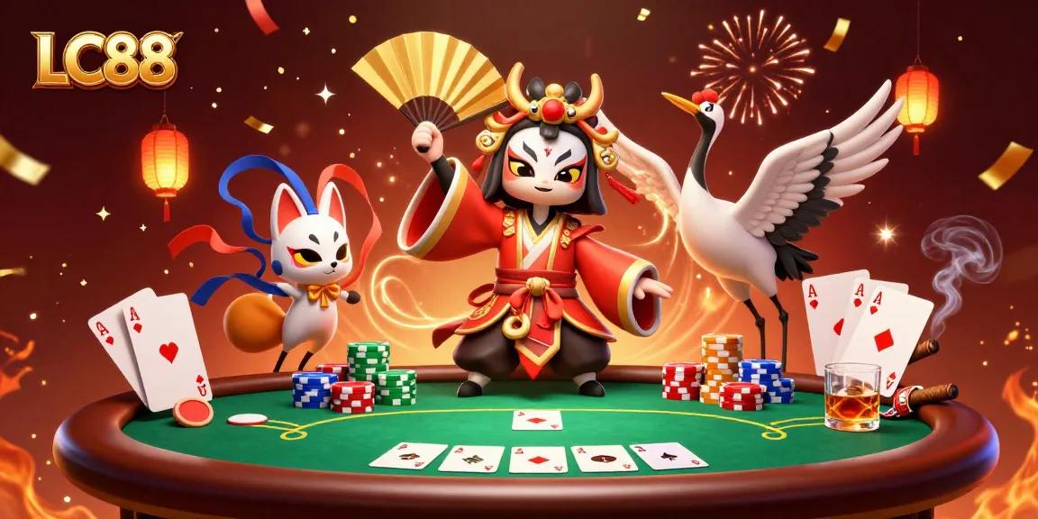 LC88 showcases a vibrant gambling scene with kabuki warriors amidst poker chips and celebratory confetti.