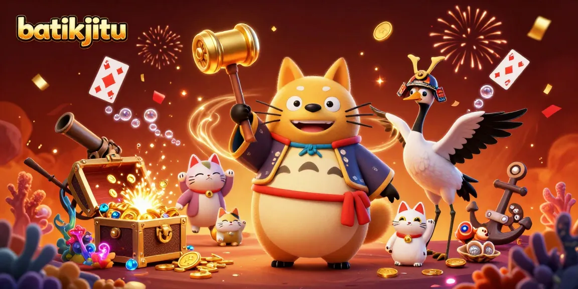 Menggoda dengan batikjitu, karakter sukses merayakan kemenangan di dunia permainan online dengan kucing keberuntungan dan elemen menarik.